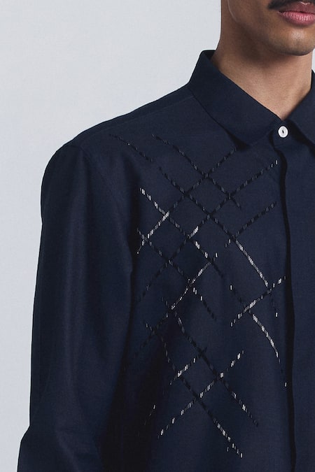 Shop Line Out Line Navy Beads, Embroidery Lunar Grid Shirt Online at Aza Fashions Shop_Line Out Line_Navy Beads, Embroidery Lunar Grid Shirt _Online_at_Aza_Fashions