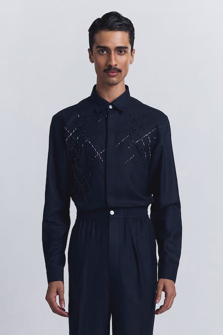 Line Out Line Navy Beads, Embroidery Lunar Grid Shirt at Aza Fashions Line Out Line_Navy Beads, Embroidery Lunar Grid Shirt _at_Aza_Fashions