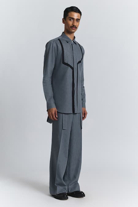 Line Out Line Gray Denim Circuit Pleat Shirt Online at Aza Fashions Line Out Line_Gray Denim Circuit Pleat Shirt _Online_at_Aza_Fashions