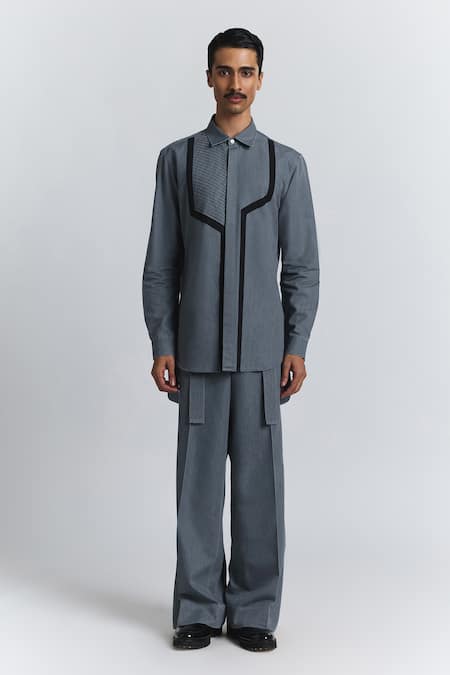 Shop Line Out Line Gray Denim Circuit Pleat Shirt Online at Aza Fashions Shop_Line Out Line_Gray Denim Circuit Pleat Shirt _Online_at_Aza_Fashions