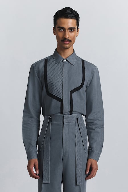 Line Out Line Gray Denim Circuit Pleat Shirt at Aza Fashions Line Out Line_Gray Denim Circuit Pleat Shirt _at_Aza_Fashions