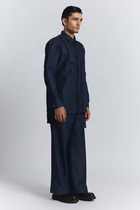 Line Out Line Navy Denim Circuit Pleat Shirt Online at Aza Fashions Line Out Line_Navy Denim Circuit Pleat Shirt _Online_at_Aza_Fashions