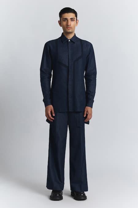 Buy Line Out Line Navy Denim Circuit Pleat Shirt Online at Aza Fashions Buy_Line Out Line_Navy Denim Circuit Pleat Shirt _Online_at_Aza_Fashions