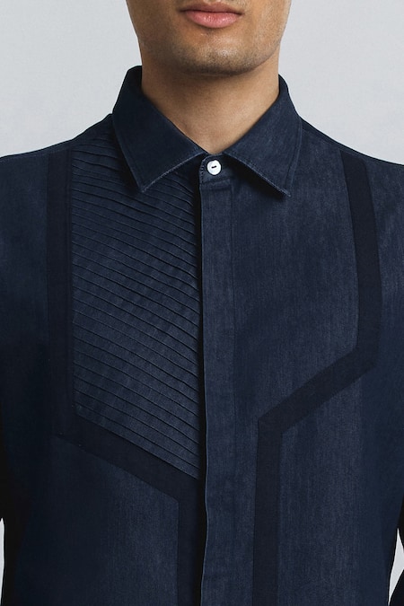Line Out Line Navy Denim Circuit Pleat Shirt at Aza Fashions Line Out Line_Navy Denim Circuit Pleat Shirt _at_Aza_Fashions