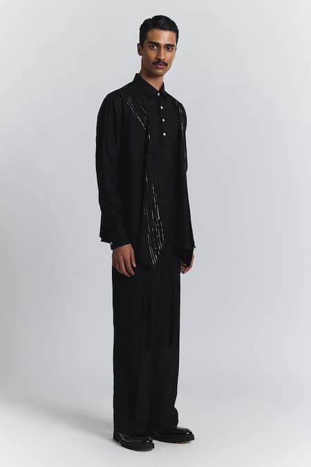 Line Out Line_Black Embroidery, Metallic Thread Gritstone Convertible Wrap Shirt _Online_at_Aza_Fashions