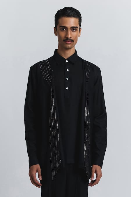 Buy_Line Out Line_Black Embroidery, Metallic Thread Gritstone Convertible Wrap Shirt _Online_at_Aza_Fashions