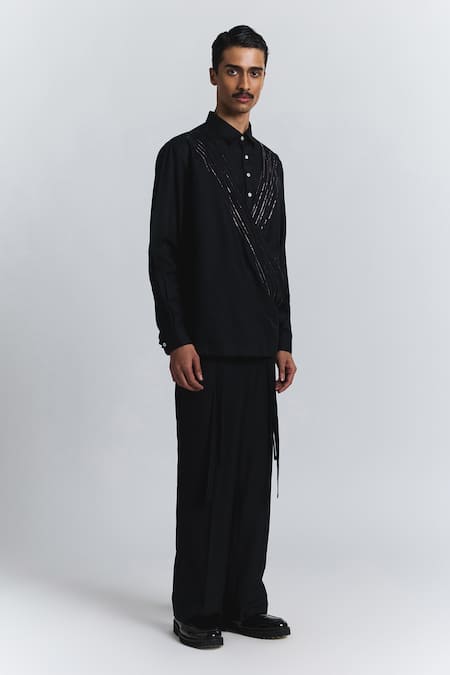Shop_Line Out Line_Black Embroidery, Metallic Thread Gritstone Convertible Wrap Shirt _Online_at_Aza_Fashions