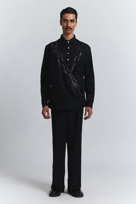 Line Out Line_Black Embroidery, Metallic Thread Gritstone Convertible Wrap Shirt _at_Aza_Fashions
