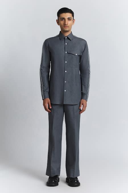 Line Out Line_Charcoal Denim Piping Geofaceted Shirt _Online_at_Aza_Fashions