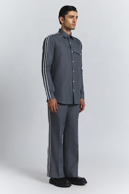 Buy_Line Out Line_Charcoal Denim Piping Geofaceted Shirt _Online_at_Aza_Fashions