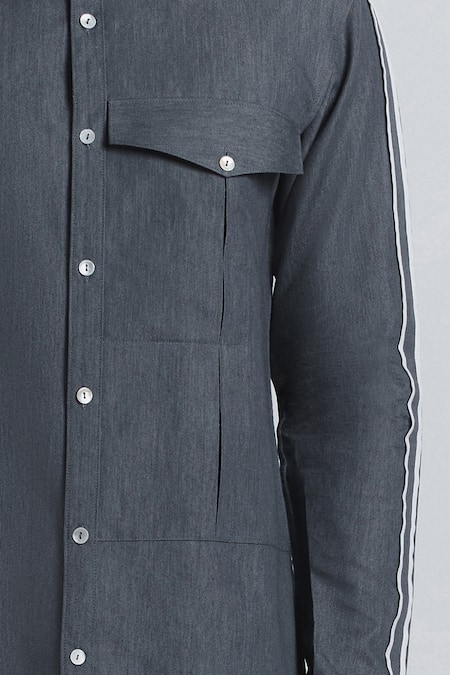 Shop_Line Out Line_Charcoal Denim Piping Geofaceted Shirt _Online_at_Aza_Fashions