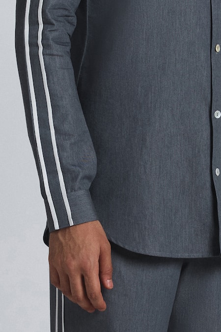 Line Out Line_Charcoal Denim Piping Geofaceted Shirt _at_Aza_Fashions