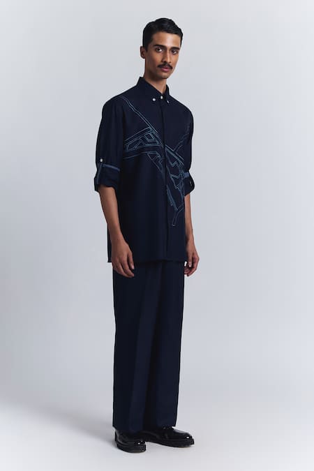 Line Out Line_Navy Cotton Embroidery Urban Layout Shirt _Online_at_Aza_Fashions