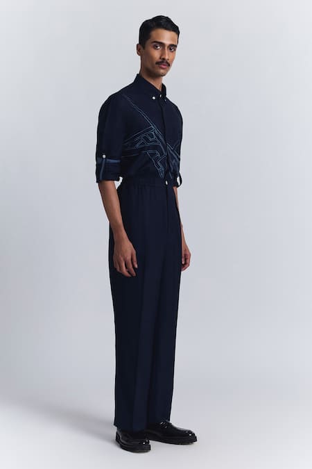 Buy_Line Out Line_Navy Cotton Embroidery Urban Layout Shirt _Online_at_Aza_Fashions