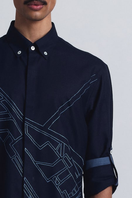 Shop_Line Out Line_Navy Cotton Embroidery Urban Layout Shirt _Online_at_Aza_Fashions