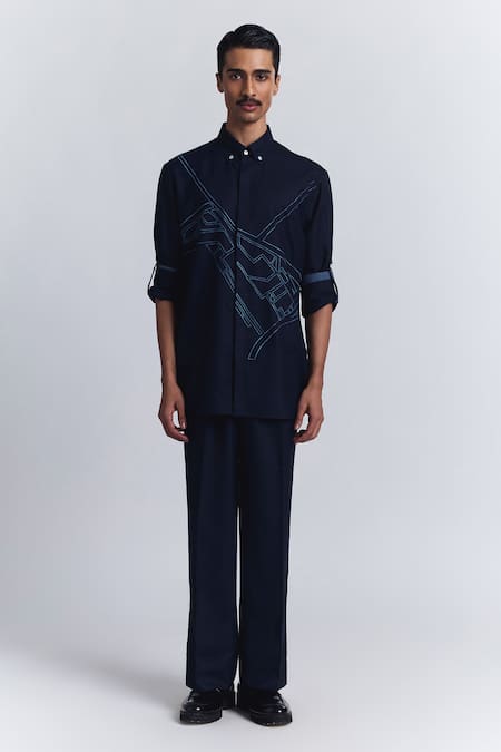 Line Out Line_Navy Cotton Embroidery Urban Layout Shirt _at_Aza_Fashions