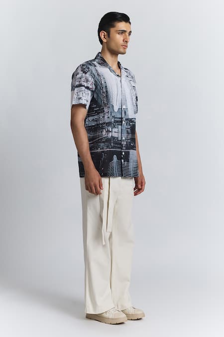 Line Out Line_Gray Cotton, Linen City Perspective Print Shirt _Online_at_Aza_Fashions