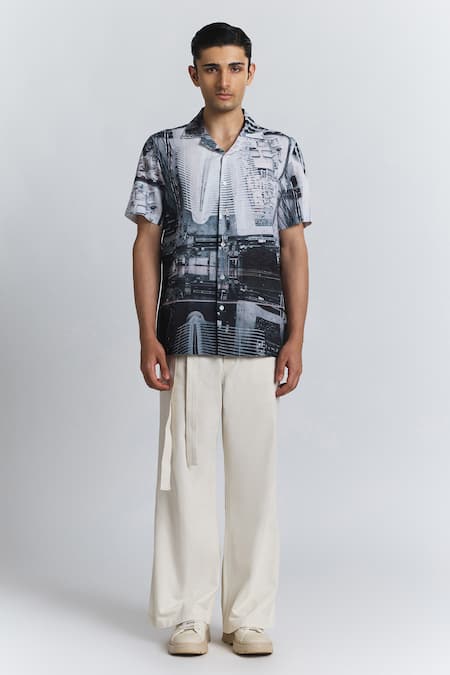 Buy_Line Out Line_Gray Cotton, Linen City Perspective Print Shirt _Online_at_Aza_Fashions