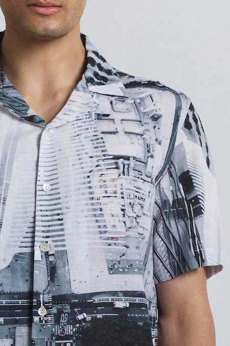 Shop_Line Out Line_Gray Cotton, Linen City Perspective Print Shirt _Online_at_Aza_Fashions