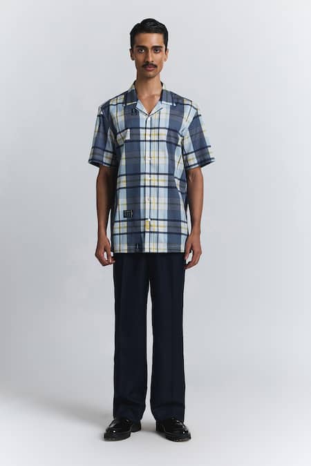Line Out Line Blue Cotton Satin Vintage Checkered Shirt Online at Aza Fashions Line Out Line_Blue Cotton Satin Vintage Checkered Shirt _Online_at_Aza_Fashions