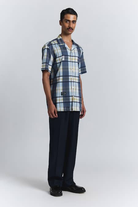 Buy Line Out Line Blue Cotton Satin Vintage Checkered Shirt Online at Aza Fashions Buy_Line Out Line_Blue Cotton Satin Vintage Checkered Shirt _Online_at_Aza_Fashions