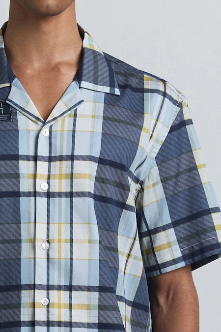 Shop Line Out Line Blue Cotton Satin Vintage Checkered Shirt Online at Aza Fashions Shop_Line Out Line_Blue Cotton Satin Vintage Checkered Shirt _Online_at_Aza_Fashions