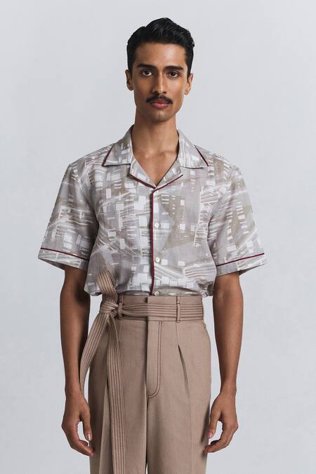 Line Out Line Beige Cotton, Linen Piping Metro Shirt Online at Aza Fashions Line Out Line_Beige Cotton, Linen Piping Metro Shirt _Online_at_Aza_Fashions
