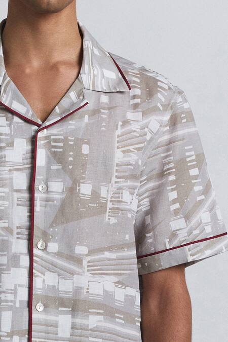 Shop Line Out Line Beige Cotton, Linen Piping Metro Shirt Online at Aza Fashions Shop_Line Out Line_Beige Cotton, Linen Piping Metro Shirt _Online_at_Aza_Fashions