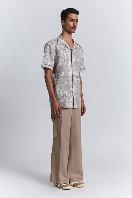 Line Out Line Beige Cotton, Linen Piping Metro Shirt at Aza Fashions Line Out Line_Beige Cotton, Linen Piping Metro Shirt _at_Aza_Fashions