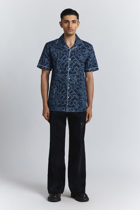 Line Out Line Blue Cotton Satin Piping Transitional Print Shirt Online at Aza Fashions Line Out Line_Blue Cotton Satin Piping Transitional Print Shirt _Online_at_Aza_Fashions
