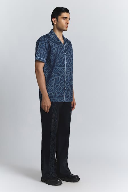 Buy Line Out Line Blue Cotton Satin Piping Transitional Print Shirt Online at Aza Fashions Buy_Line Out Line_Blue Cotton Satin Piping Transitional Print Shirt _Online_at_Aza_Fashions