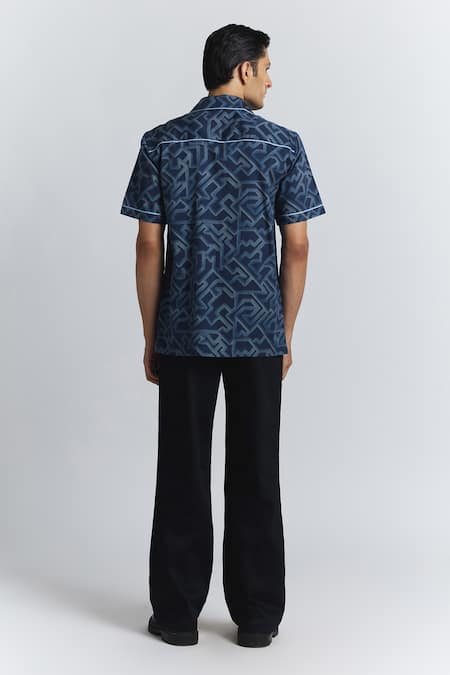 Shop Line Out Line Blue Cotton Satin Piping Transitional Print Shirt at Aza Fashions Shop_Line Out Line_Blue Cotton Satin Piping Transitional Print Shirt _at_Aza_Fashions