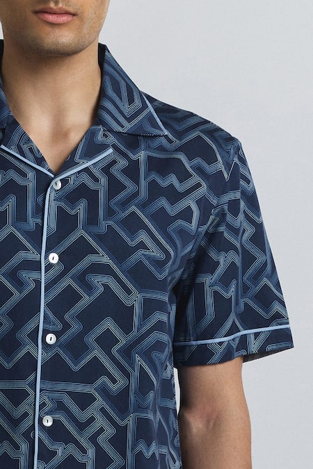 Shop Line Out Line Blue Cotton Satin Piping Transitional Print Shirt Online at Aza Fashions Shop_Line Out Line_Blue Cotton Satin Piping Transitional Print Shirt _Online_at_Aza_Fashions