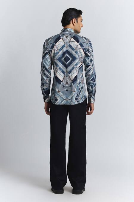 Shop Line Out Line Blue Cotton Satin Vortex Print Shirt at Aza Fashions Shop_Line Out Line_Blue Cotton Satin Vortex Print Shirt _at_Aza_Fashions