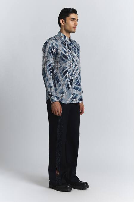 Line Out Line Blue Cotton Satin Vortex Print Shirt Online at Aza Fashions Line Out Line_Blue Cotton Satin Vortex Print Shirt _Online_at_Aza_Fashions