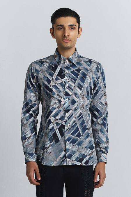 Line Out Line Blue Cotton Satin Vortex Print Shirt 