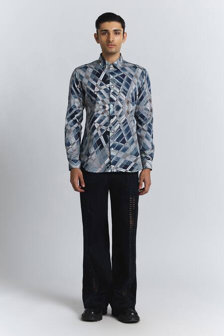Buy Line Out Line Blue Cotton Satin Vortex Print Shirt Online at Aza Fashions Buy_Line Out Line_Blue Cotton Satin Vortex Print Shirt _Online_at_Aza_Fashions