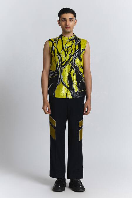 Line Out Line Yellow Chanderi Maverick Vest Online at Aza Fashions Line Out Line_Yellow Chanderi Maverick Vest _Online_at_Aza_Fashions