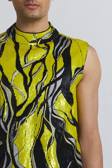 Shop Line Out Line Yellow Chanderi Maverick Vest Online at Aza Fashions Shop_Line Out Line_Yellow Chanderi Maverick Vest _Online_at_Aza_Fashions