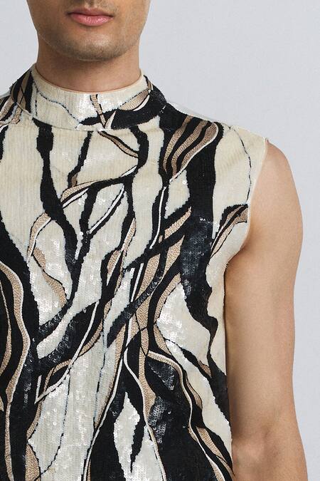 Line Out Line_Ivory Chanderi Maverick Vest _Online_at_Aza_Fashions