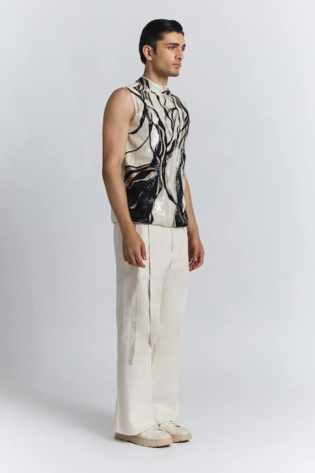 Buy_Line Out Line_Ivory Chanderi Maverick Vest _Online_at_Aza_Fashions