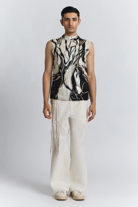Shop_Line Out Line_Ivory Chanderi Maverick Vest _Online_at_Aza_Fashions
