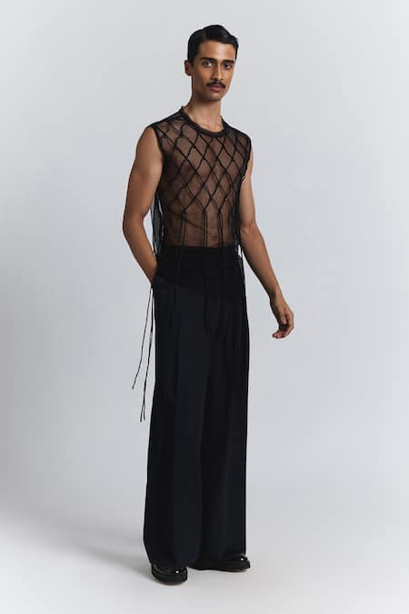 Line Out Line_Black Mesh Netted Grid Vest _Online_at_Aza_Fashions