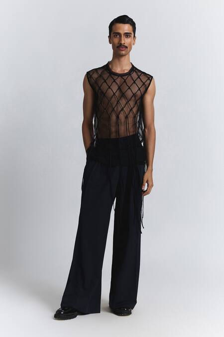 Buy_Line Out Line_Black Mesh Netted Grid Vest _Online_at_Aza_Fashions