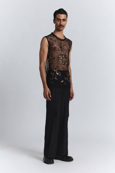 Line Out Line_Black Mesh Beam Embellished Net Vest _Online_at_Aza_Fashions