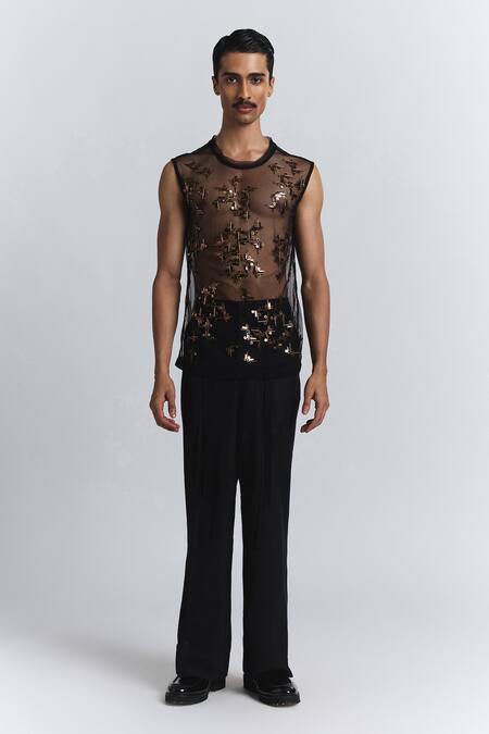 Buy_Line Out Line_Black Mesh Beam Embellished Net Vest _Online_at_Aza_Fashions