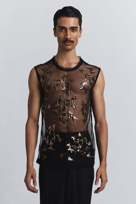 Line Out Line Black Mesh Beam Embellished Net Vest 