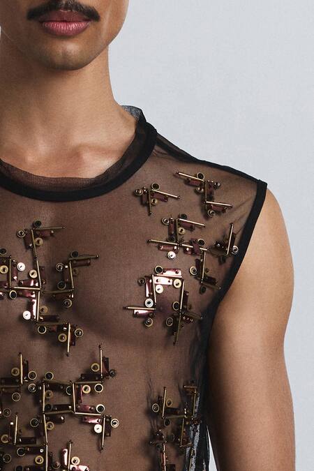 Shop_Line Out Line_Black Mesh Beam Embellished Net Vest _Online_at_Aza_Fashions