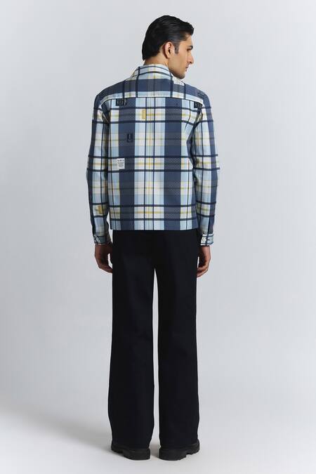 Line Out Line_Blue Cotton Satin Vintage Checkered Shacket _Online_at_Aza_Fashions