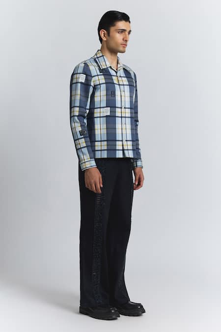 Buy_Line Out Line_Blue Cotton Satin Vintage Checkered Shacket _Online_at_Aza_Fashions